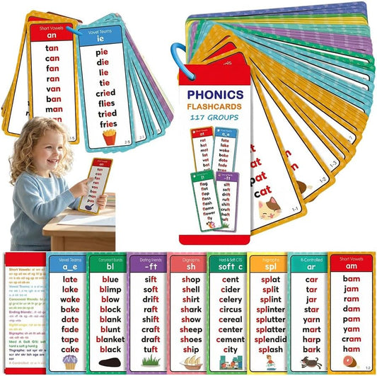 Phonics Flash Cards for Kids Ages 4-8 - 117 Sound Groups & 900+ Rhyming Words, Preschool Kindergarten 1st 2nd Grade Learning Sight Words, Educational Phonics Cards for Toddlers & Kids (White)