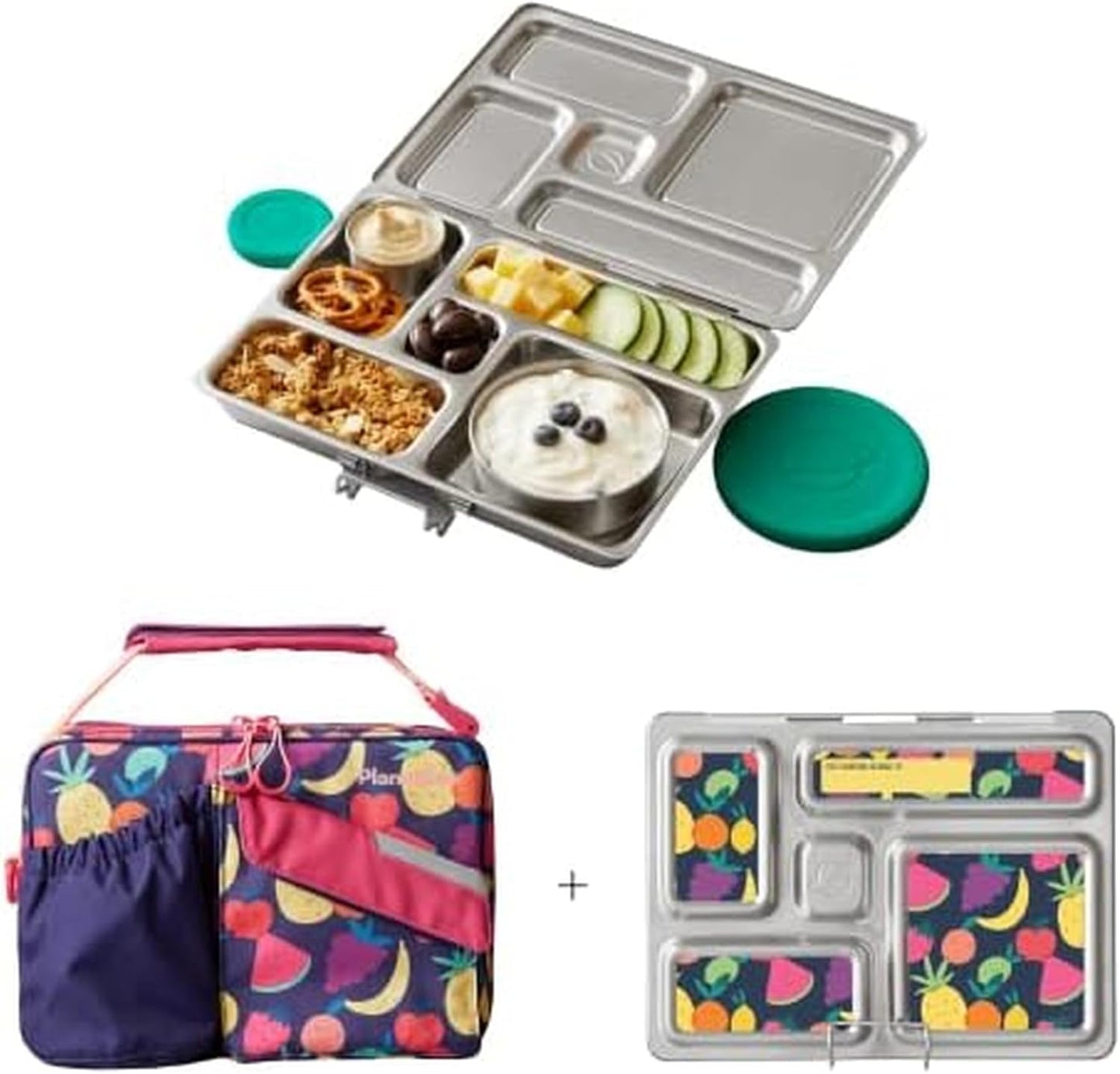 PlanetBox Rover Stainless Steel Bento Box Style Lunch Box Kit for Youth with 5 Compartments – Butterflies Edition includes Insulated Lunch Bag, Leakproof Food Containers & Matching Magnets