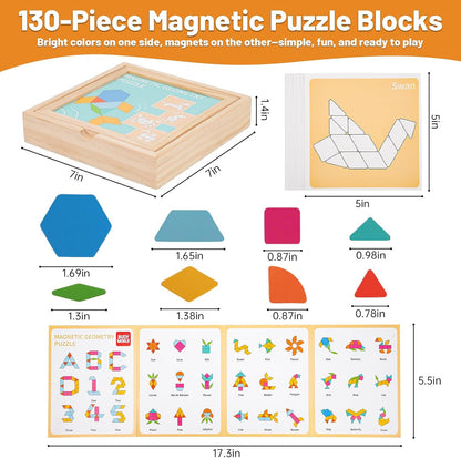 130 Pcs Wooden Magnetic Pattern Blocks Set, Montessori Tangram Puzzle with Pattern Cards & Storage Box, STEM Educational Toy for Toddlers & Kids Ages 4–8, Creative Gift for Boys & Girls