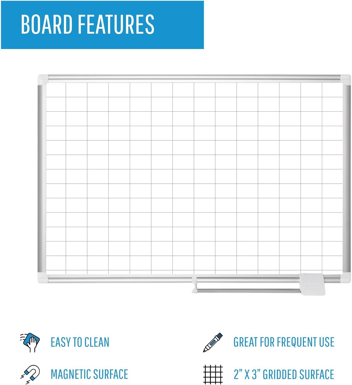 MasterVision gridded Magnetic Steel Dry Erase Planning Board, 1 x 2 Grid, 36 x 24, White Surface, Silver Aluminum Frame