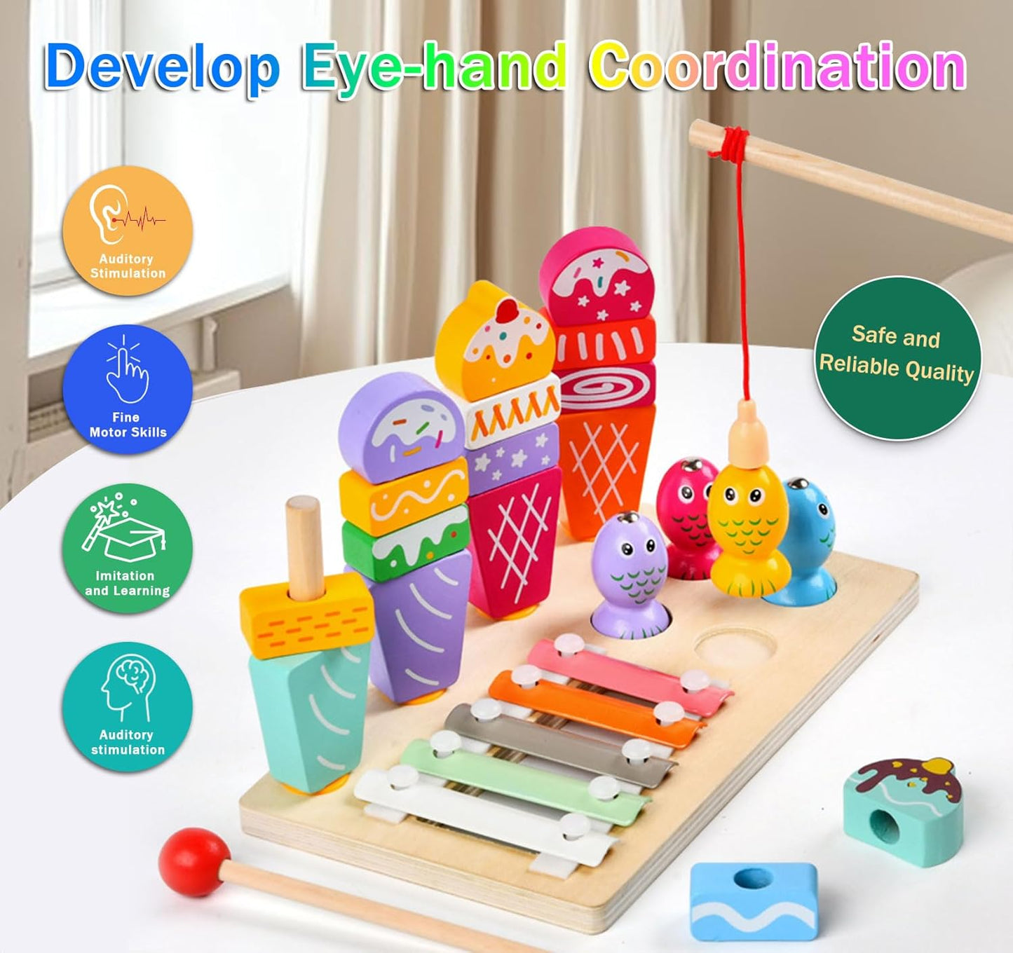 Wooden Montessori Toys for 3 Year Old，Shape Sorter Stacking Games, Fishing Games Preschool Learning Educational Toys for Boys Girls Toddlers (Little Bee)