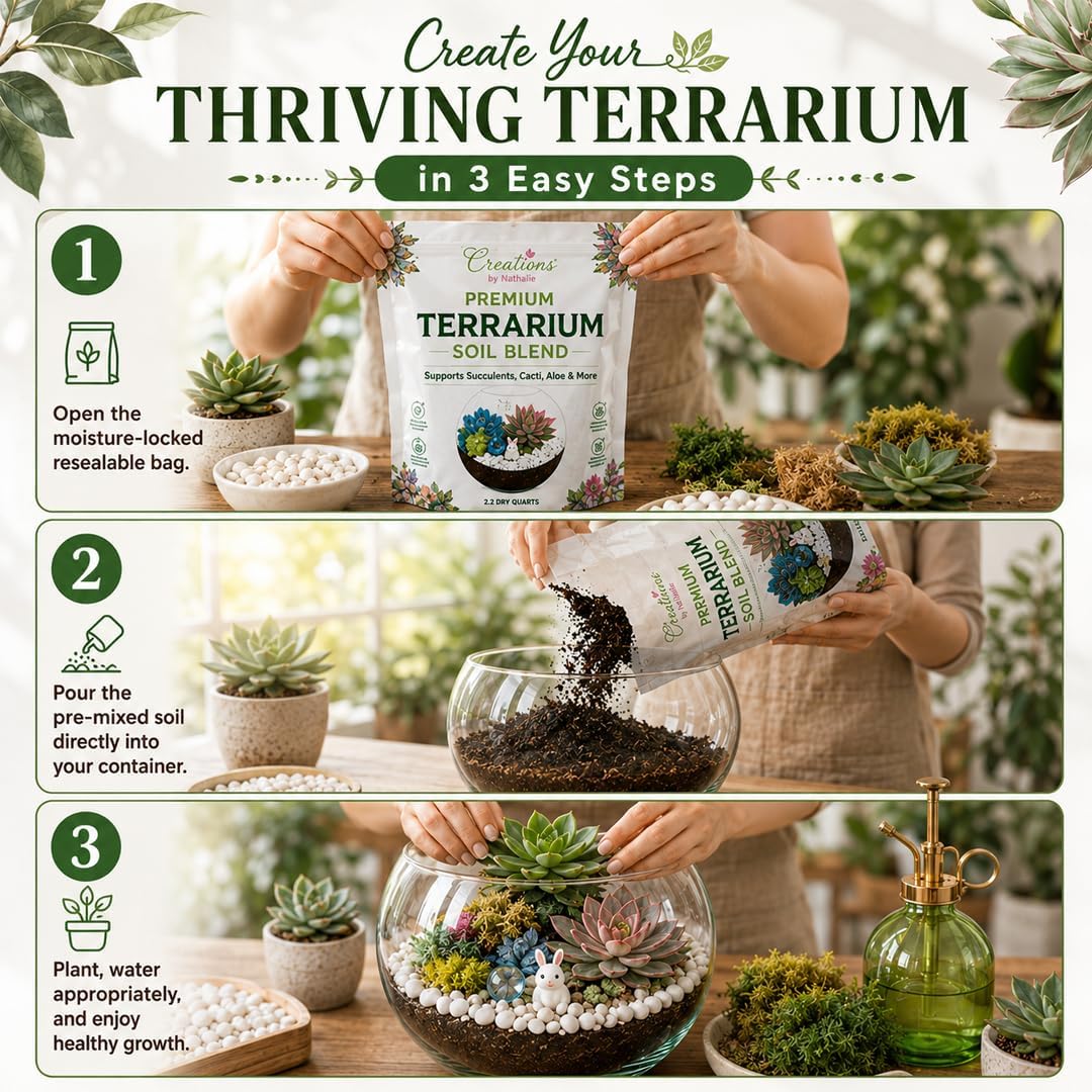 Creations by Nathalie – DIY Large Terrarium Starter Kit with Soil, Moss, Pebbles, Healing Crystal, Tools & Supplies – Terrarium Kit for Adults & Teens, Handcrafted in USA