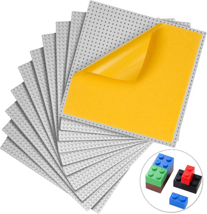 MIMAX Peel-and-Stick Baseplates 10PCS (10"x10"), Toy Building Brick Blocks Base Plates, Self Adhesive Baseplate for All Major Brands, Build On Table Wall (Black & White & Blue & Green & Light Gray)