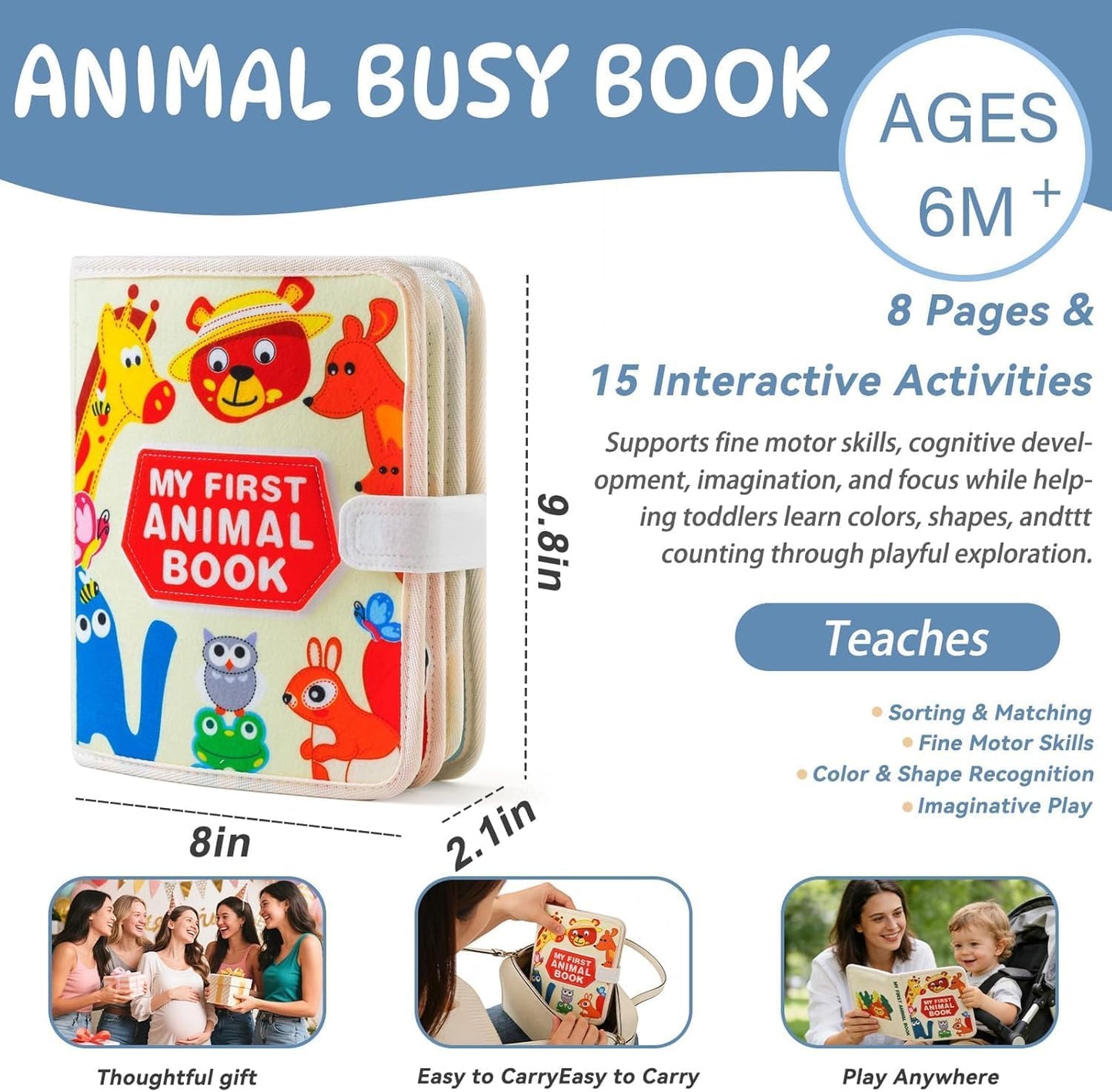 GOODMOM Busy Book for Toddlers Age 1-3 - Interactive Quiet Felt Activity Book, Travel Toys for Kids,Learning Toys, Fine Motor Skills, Color Shape Recognition,