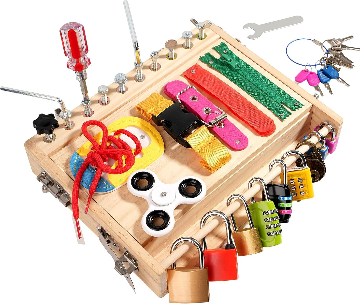 INIFEIDALA Montessori Wooden Busy Board - Fine Motor Skills Toys for 2-5 Year Old Boys Girls, Preschool STEM Life Skills Game, Latches Lock Key Sensory Toy, Screwdriver Board Set, Educational Gift