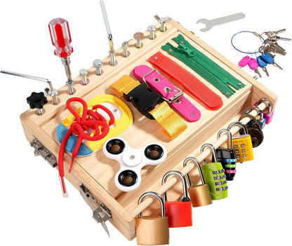 INIFEIDALA Montessori Wooden Busy Board - Fine Motor Skills Toys for 2-5 Year Old Boys Girls, Preschool STEM Life Skills Game, Latches Lock Key Sensory Toy, Screwdriver Board Set, Educational Gift