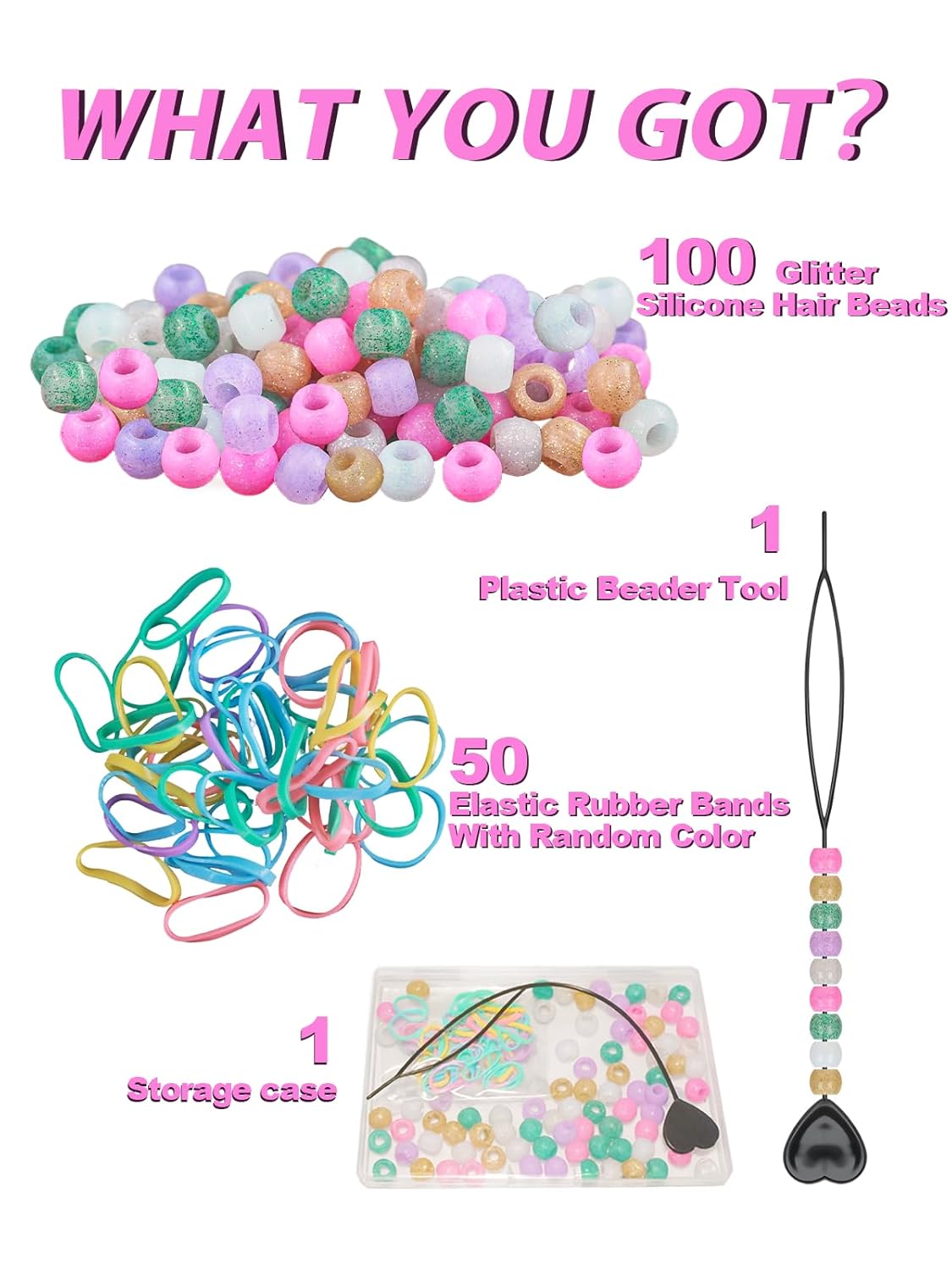 100 Small Silicone Hair Beads Glow in Dark for Kids Girls Braids, 5mm Colorful Soft Silicone Hair Beads, 1 Plastic Quick Beaders for Hair Braids, 50 Elastic Rubber Bands