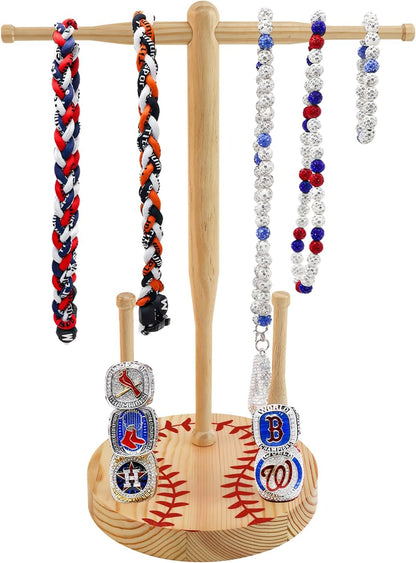 rain bunny Wooden Baseball or Softball Drip Necklace Organizer Holder, Championship Ring Display Holder, Softball Ring Holder, Drip Necklace Baseball Display Gift (Walnut Red)