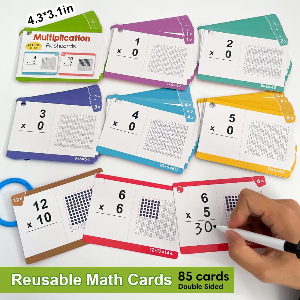 Multiplication Flash Cards, Times Table Flashcards, All Facts 0-12, Answer on Back for Self-Check, Classroom Home Learning Aids, Elementary School Teacher Teaching Aids, 85 Double-Side Cards