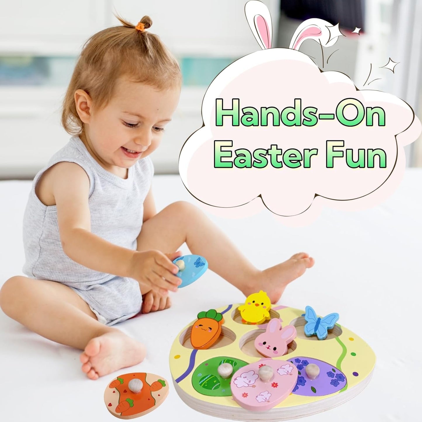 Easter Wooden Peg Puzzle for Toddlers 1 2 3 Years, 6 Colors & Shape Matching Pieces, Montessori Educational Learning Toys Easter Basket Stuffers