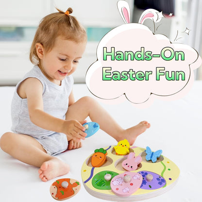 Easter Wooden Peg Puzzle for Toddlers 1 2 3 Years, 6 Colors & Shape Matching Pieces, Montessori Educational Learning Toys Easter Basket Stuffers