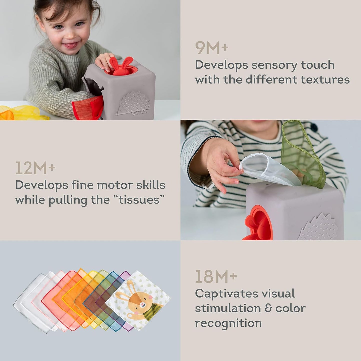 Taf Toys Baby Tissue Box Toy Silicone Baby Toys 6-12 Months Montessori Toys Sensory Activity & 10 Tissues for Fine Motor Development Soft Interactive Silicone Learning Cube for 1 Year Old Toddlers