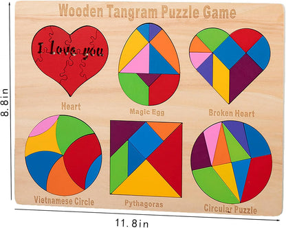 Wooden Blocks Puzzle Brain Teasers Toy 6 IN1Geometric Wooden Tangram Puzzle Game Geometry Jigsaw 3D Logic IQ Games STEM Montessori Educational Gift for Kids Adults