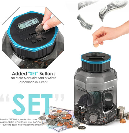 X-Large Piggy Bank for Adults Kids, Vcertcpl Digital Coin Counting Bank with LCD Counter, 2.4L Capacity, Great Coin Counter Bank Money Counting Jar with Total Amount Displayed (Silver, X-Large)