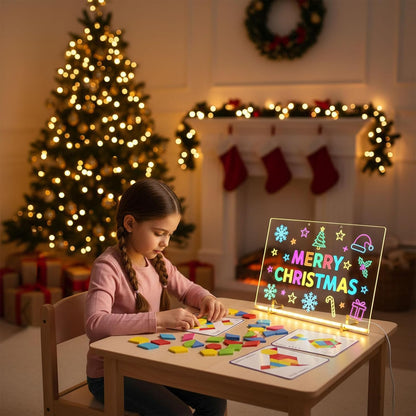 150PCS Wooden Pattern Blocks & LED Acrylic Drawing Board Bundle – Geometric Tangram Puzzle with Activity Cards and 13.7×10 Inch Light-Up Dry Erase Board for Kids,Party, and Birthday Gifts