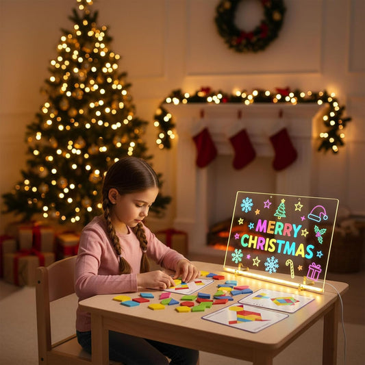 150PCS Wooden Pattern Blocks & LED Acrylic Drawing Board Bundle – Geometric Tangram Puzzle with Activity Cards and 13.7×10 Inch Light-Up Dry Erase Board for Kids,Party, and Birthday Gifts