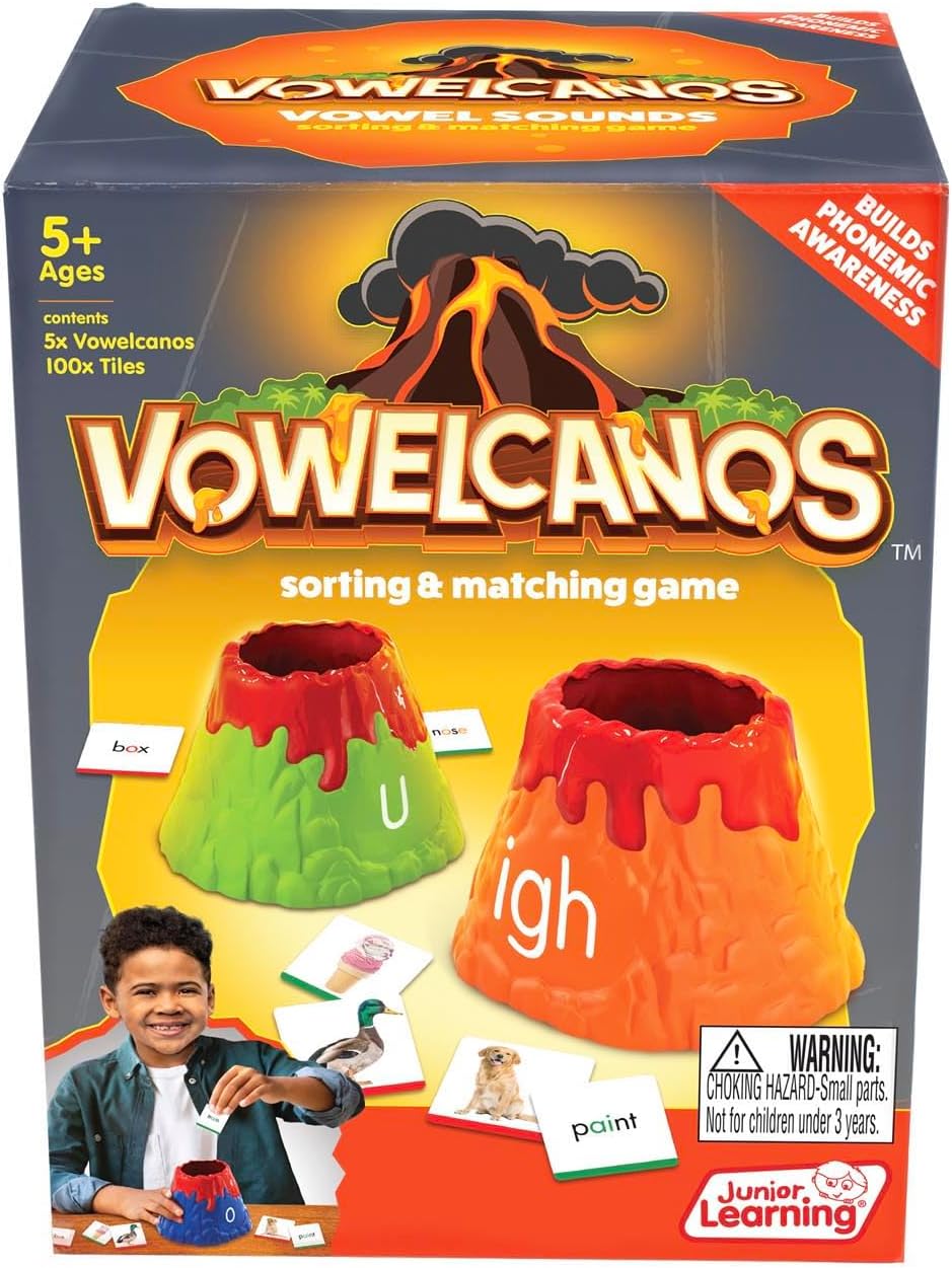 Junior Learning: Vowelcanos - Sorting & Matching Game, Learn Short & Long Vowels, Builds Phonemic Awareness, Reading Development, Kids Ages 5+