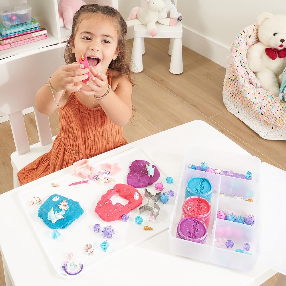 Unicorn Sensory Dough Kit (3 Jars) Non-Toxic Dough with Unicorn Cutters, Charms, Rainbow, Pom Poms, Diamonds, Gems, and Stackable Storage - Perfect for Creative Play and Gift for Kids