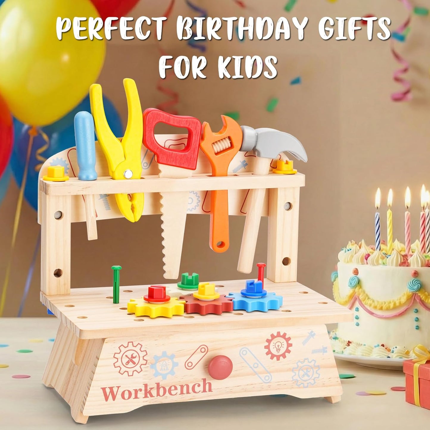 REXBETI Kids Tool Set with Electric Drill, 43Pcs Wooden Toddler Tool Bench with Apron, Educational Montessori Toys for 3 Year Old Boys, Toddler Tool Set, Birthday Gifts for 3 4 5 Year Old Boy Girl