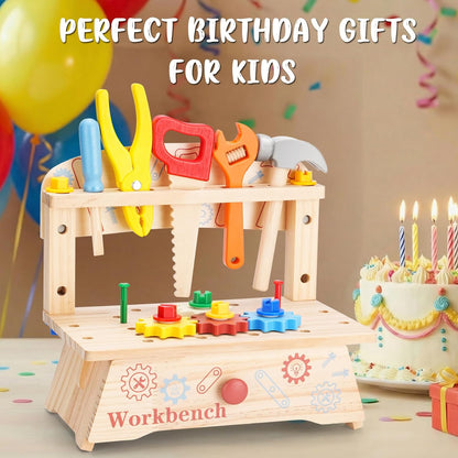 REXBETI Kids Tool Set with Electric Drill, 43Pcs Wooden Toddler Tool Bench with Apron, Educational Montessori Toys for 3 Year Old Boys, Toddler Tool Set, Birthday Gifts for 3 4 5 Year Old Boy Girl