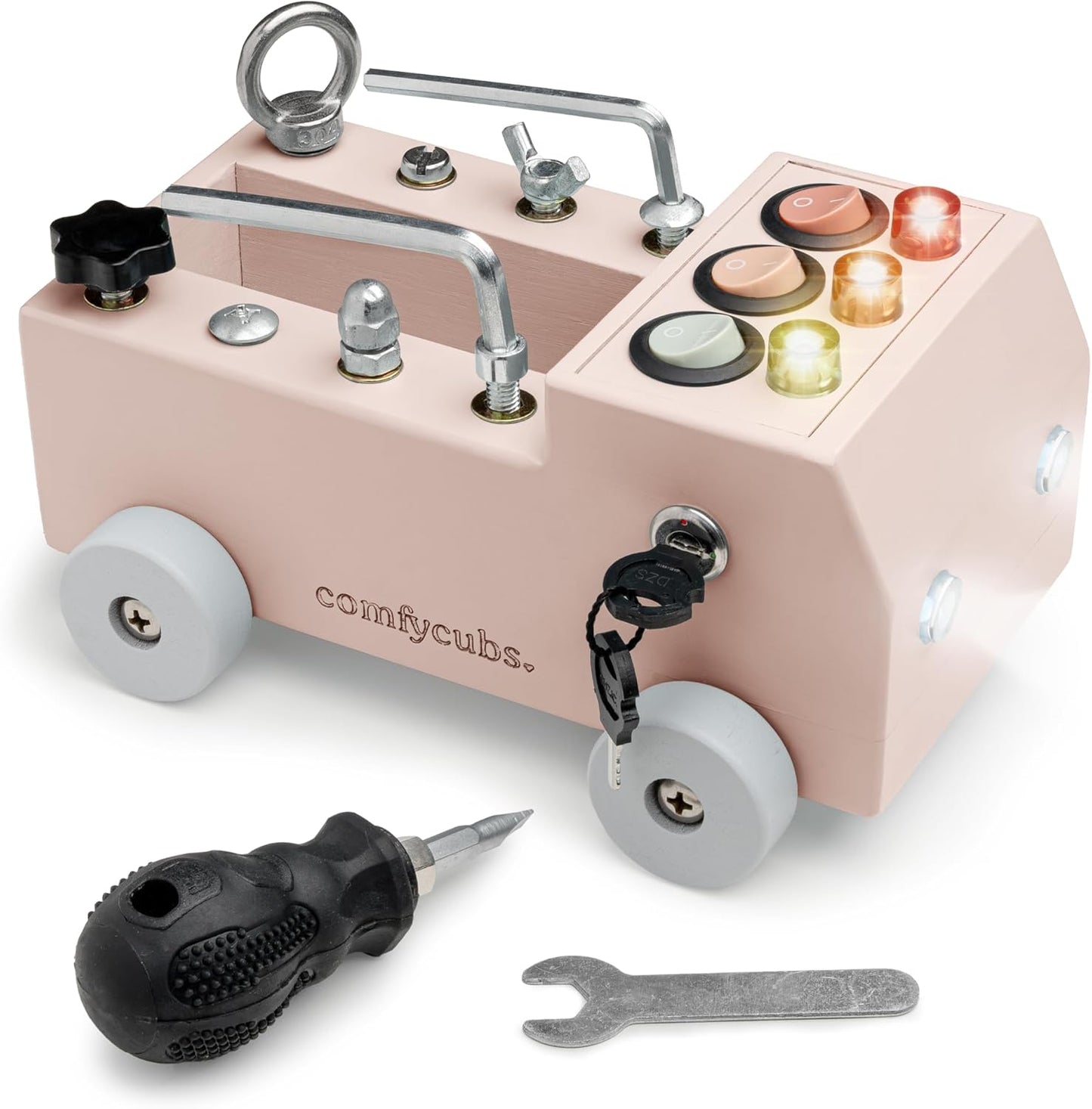 Comfy Cubs Busy Board Toy Truck Set - Fun & Noise-Free, Pine Wood Activity Board for Toddlers with LED Light Switch - Designed in The US, Focused & Engaging Montessori Play for Kids 3+ (Pacific Blue)