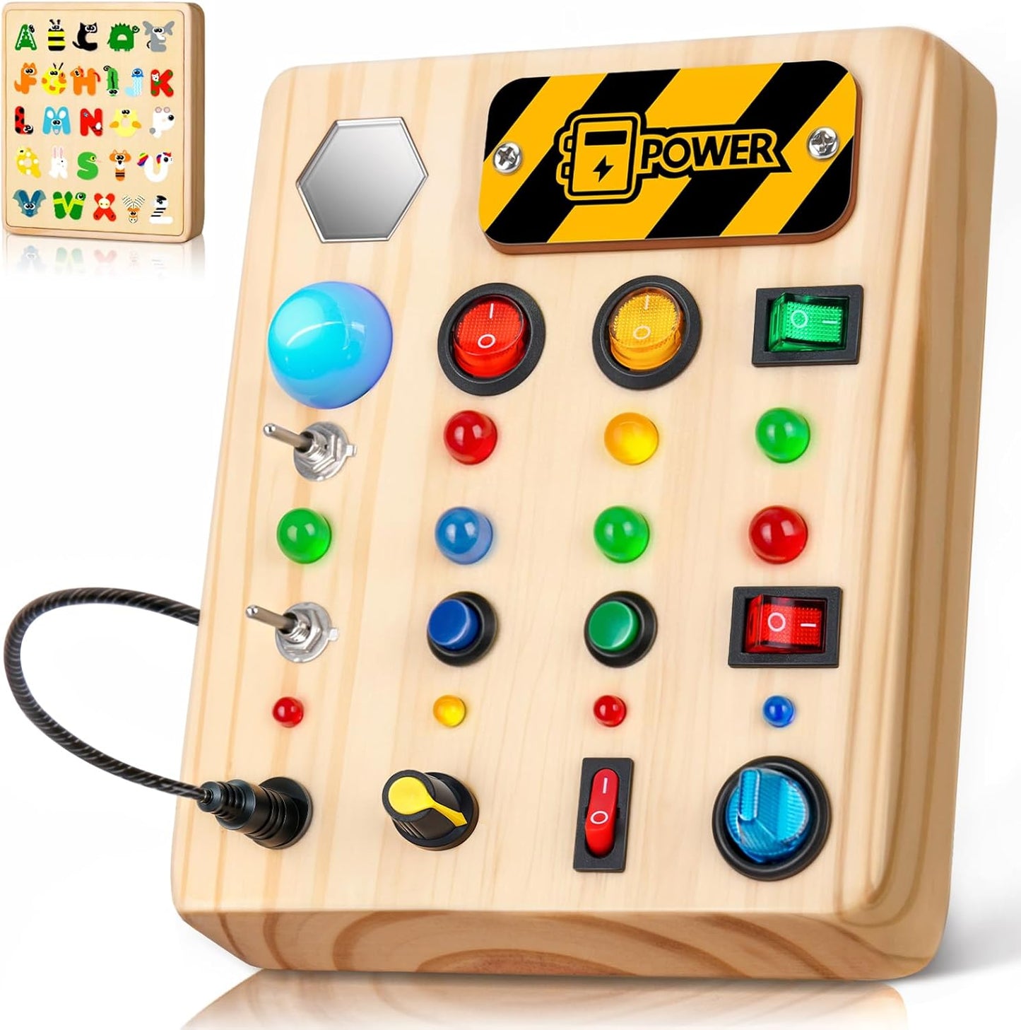 TINTECUSA Busy Board Montessori Toys for Toddler, Wooden Sensory Board Switch Toy with Shape Sorter LED Light Up Toys Educational Plane Travel Activity for Girls & Boys