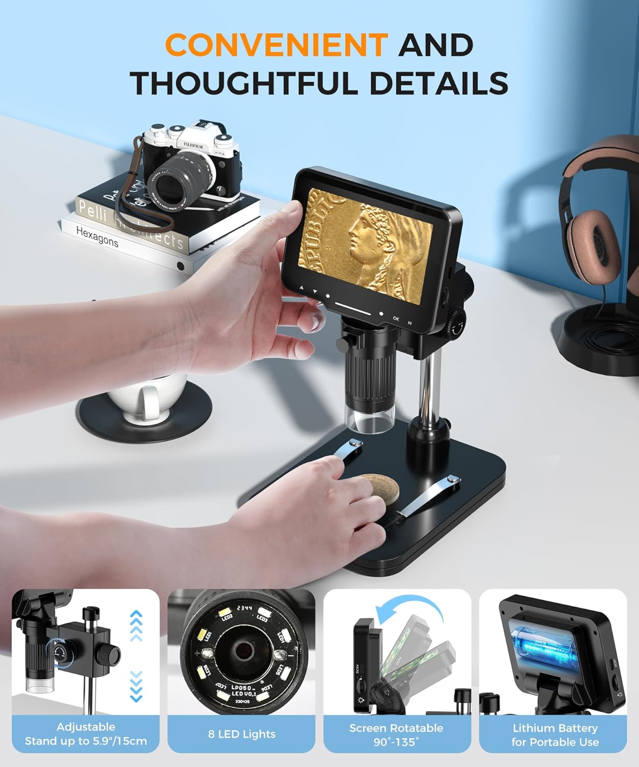 LCD Digital Microscope,4.3 Inch 1080P 10 Megapixels,10MP Camera Video Recorder with HD Screen,1-1000X Magnification Zoom Wireless USB Stereo Microscope Camera,