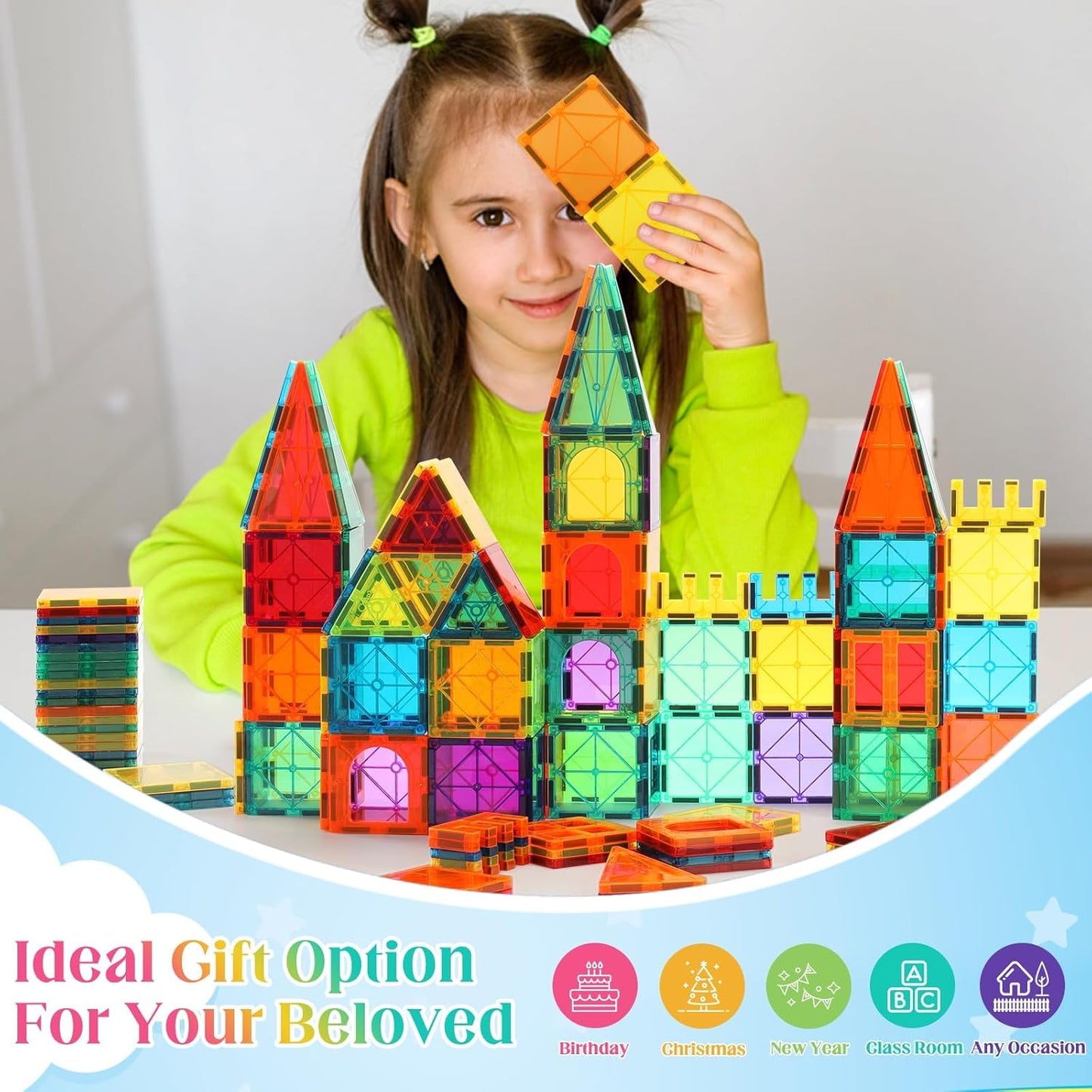 OugerToy 32-Pack Magnetic Tiles–Rainbow Builder Set, 2.95in STEM Construction Kit with Transparent Windows, Expand Creative Play for Kids