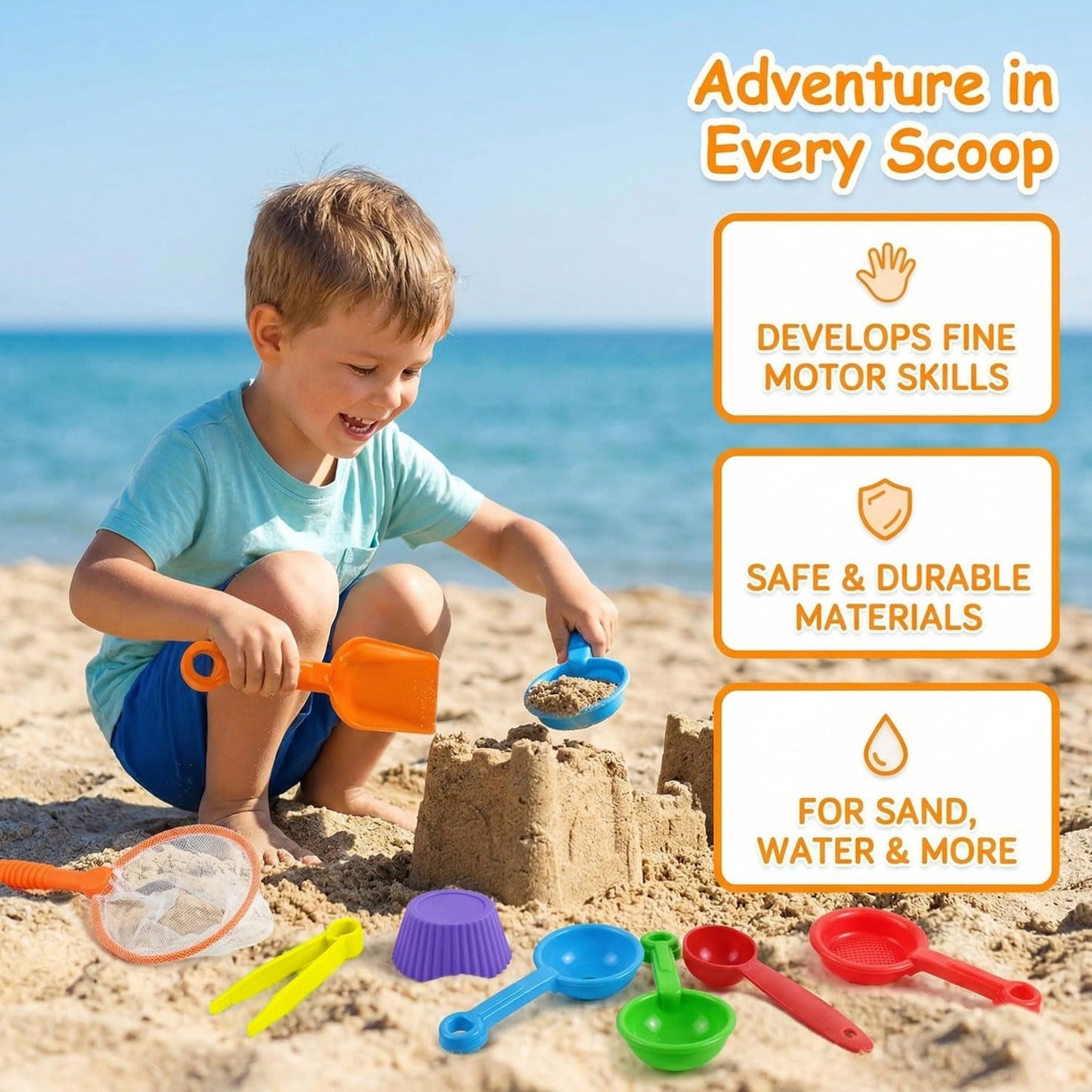 19 Pieces Sensory Bin Filler, Sensory Bin Tools Set with 5 Scoops, Tweezers, Mini Silicone Tong, Scissors Clip, Dropper, Beach Shovels, Funnel, Sensory Bin Accessories Tools