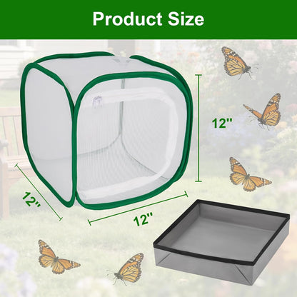 Butterfly & Insect Habitat Cage 24" x 24" x 36", Extra Large Butterfly Enclosure with Poop Tray for Easy to Clean, Pop-up Caterpillars Mesh Cage Terrarium with Sunshade Top for Outdoor.