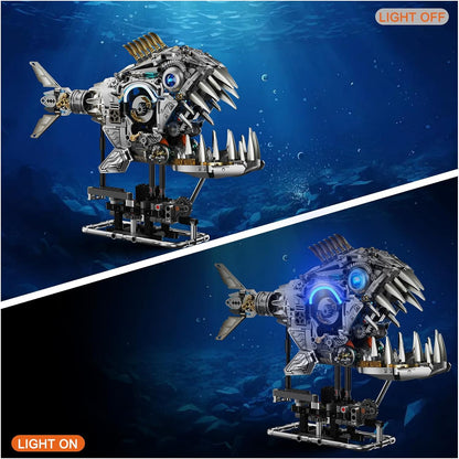 1085-PCS Mechanical Piranhas Fish Building Set with LED Light, Movable Linkage Gears, Display Stand,Mechanical Fish