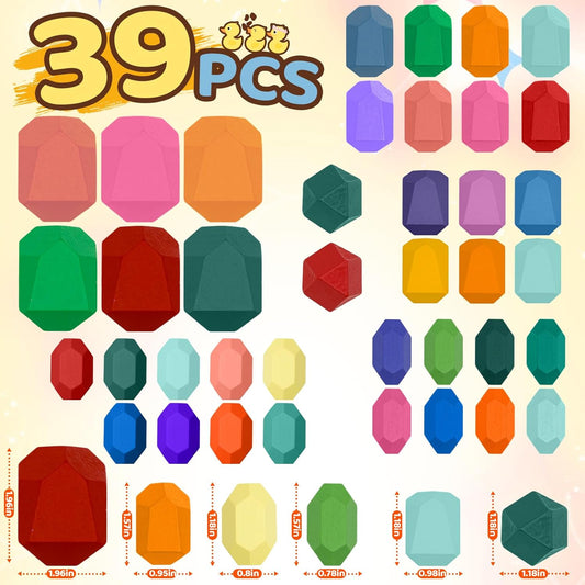 MEGRANATE 58PCS Montessori Wooden Stacking Rocks Toys Colorful Stacking Stones Building Blocks Games Sensory Toy for Toddlers Educational Learning Toys for 3+ Years Old Kids