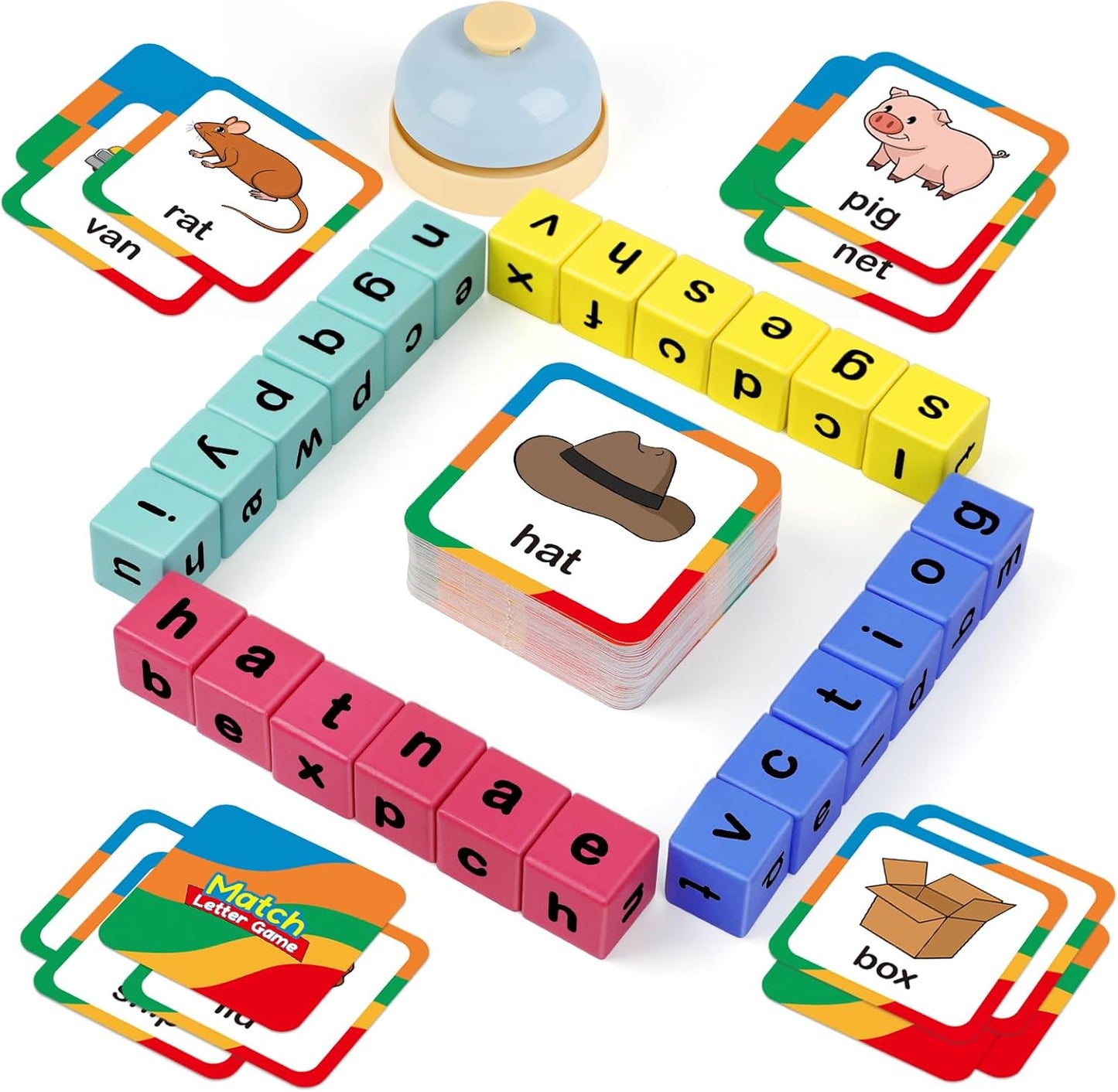 Edulok Word Race Cube - Preschool Wooden Alphabet Letter Blocks & Phonics Matching Games - CVC Word Learning Toys