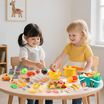 60Pcs Kids Mini Play Kitchen Accessories, Pretend Cooking Play Set with Cookware, Tableware & Fruit & BBQ Sets, Learning Gift for Boys, Girls, Toddlers,Yellow