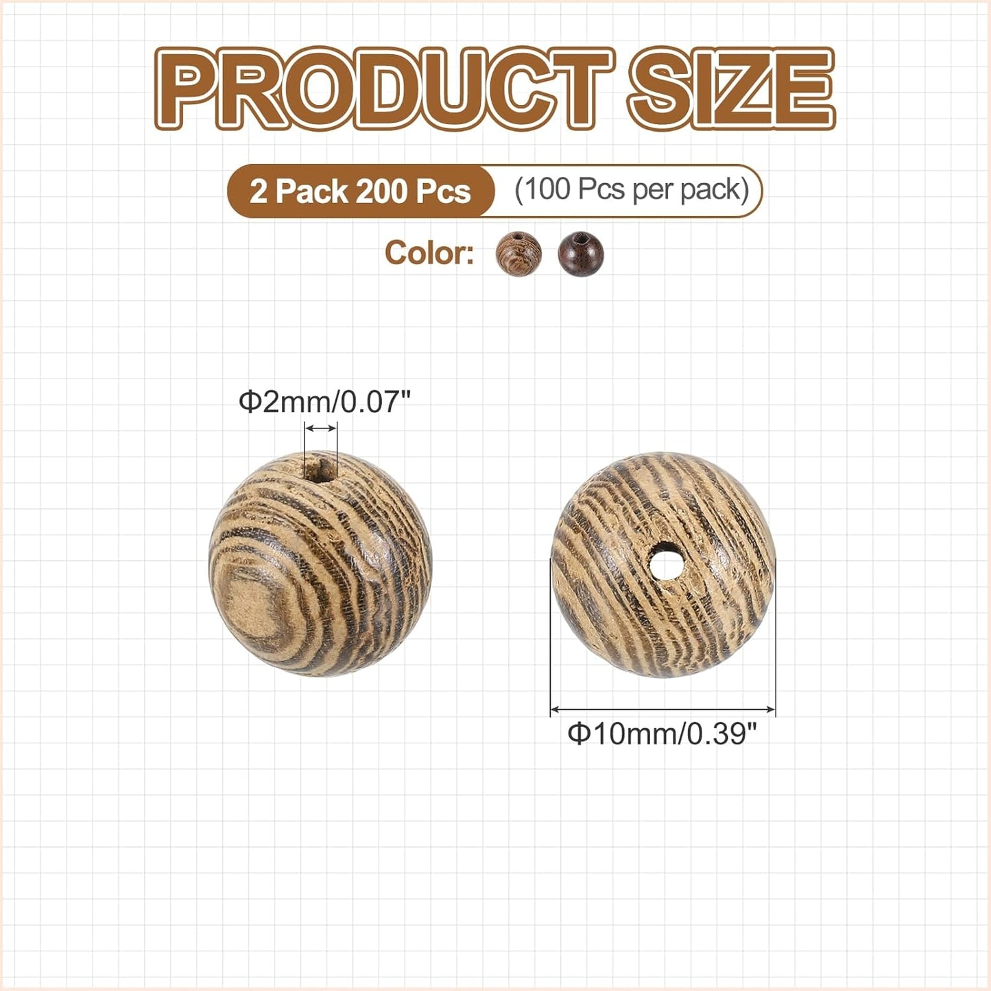 HARFINGTON 200pcs Round Wooden Beads, 10mm Dia Small Wood Beads for DIY Crafts, Bracelet, Wristlet, Necklace, Jewelry Making, Khaki Brown&Black