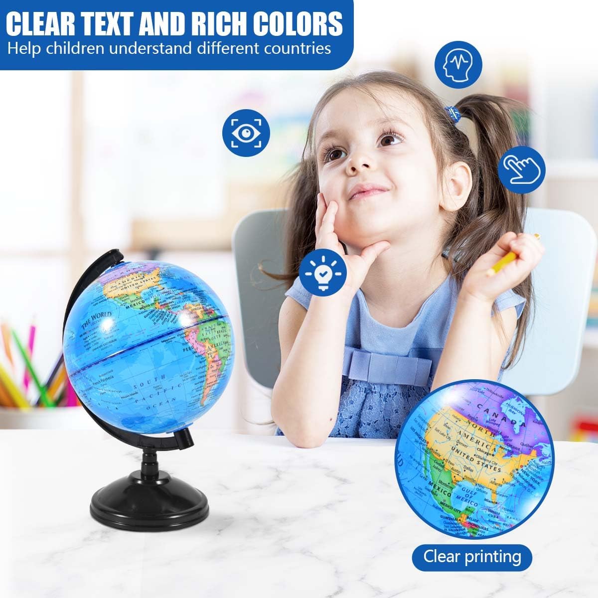KISEER Rotating World Globe 6 Inch Spinning Earth Globe with Stand for Kids Learning Geography Classroom Education or Office Home Decorations