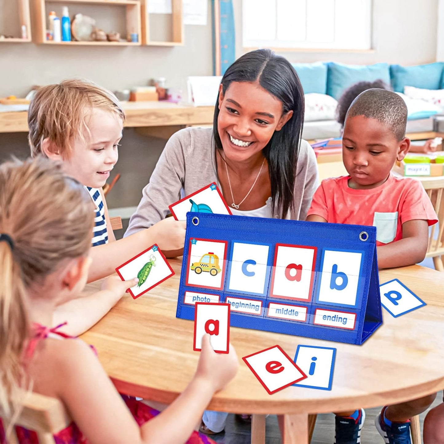 AKAYOK CVC Word Building Desktop Pocket Chart with 108 Phonics Flash Cards for Early Reading & Spelling | Alphabet Learning Tools for Preschool, Kindergarten, and Homeschooling