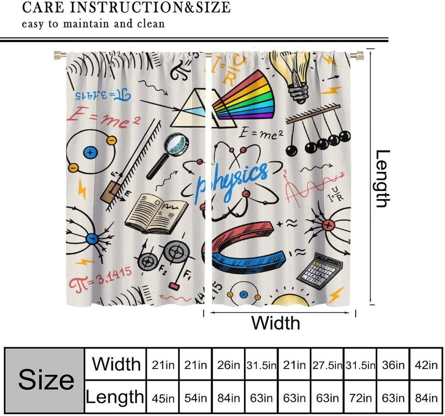 Science Physics Window Curtains, Abstract Math Chemistry Curtain Scientist Graffiti Print Window Treatments for Kids Teens Bedroom Living Room Kitchen Set 2 Panels,42x63 Inches