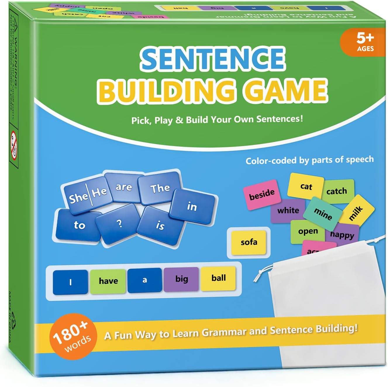 Sentence Building Game for Kids Ages 5-8 – 120+ Color-Coded Word Tiles, 20 Sentence Builder Tiles | Educational Learning Toys, Reading & Grammar Activity | Gifts for Boys and Girls