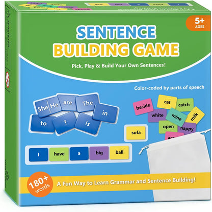 Sentence Building Game for Kids Ages 5-8 – 120+ Color-Coded Word Tiles, 20 Sentence Builder Tiles | Educational Learning Toys, Reading & Grammar Activity | Gifts for Boys and Girls