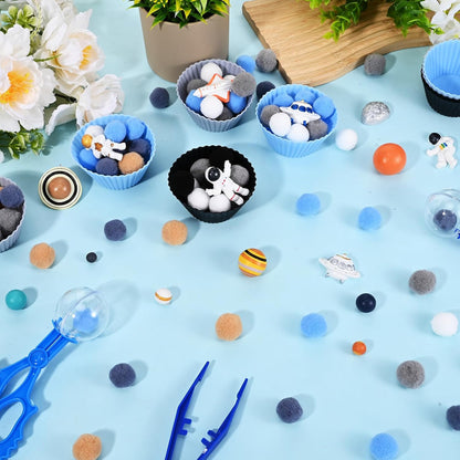 Sanixn 152 Pcs Space Sensory Bin Fillers Outer Space Fine Motor Skills Astronauts Sensory Bin Item Pompoms Cups Tweezers Scissor Clips for Preschool Education Activities Sorting Counting(Space)