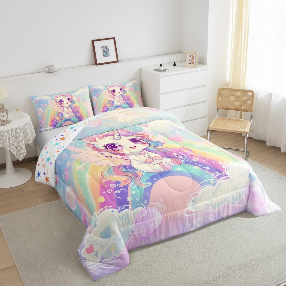 Castle Fairy Drum Kit Comforter Set,Musical Instruments Bedding Set for Kids Girls Women,Adults Rock Music Comforter,Neon Lighting Quilted Duvet Set Bedroom Collection Twin Size 2Pcs