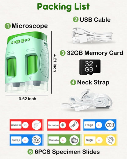 1000X Handheld Microscope for Kids : 4K 2.0" Screen Rechargeable Telescope and Camera Combo with 6 Slides, Perfect for Indoor Outdoor Exploration, Portable Edu for Age 3-12 Children