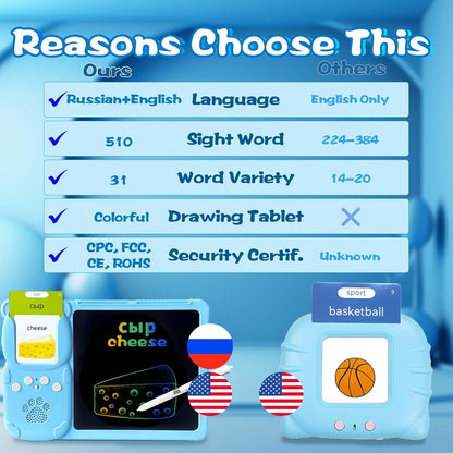 Talking English & Spanish Flash Cards - 8" LCD Writing Tablet for Kids 3-12, Bilingual 510 Sight Words, Toddler Pocket Speech, Drawing Sketch Pad, Autism Toys for Boys (Spanish, Blue)