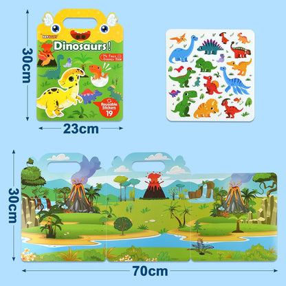ASTARON Reusable Sticker Book for Toddlers, 88 Pcs Dinosaur Stickers Road Trip Activities Car Airplane Activities Travel Toys for Kids, Kids Quiet Time Activities (2-6 Age)