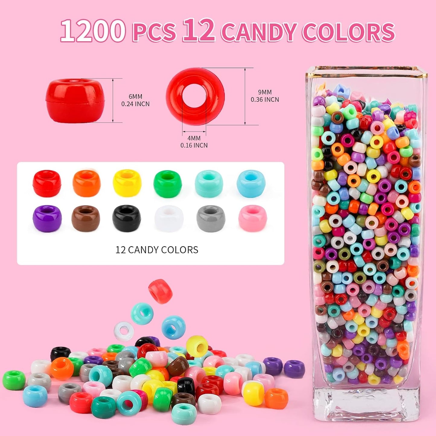 1000+pcs Glitter Pony Beads Bulk, Acrylic 9mm Large Plastic Bead for Bracelets Big Hole Hair Braids Crafts DIY Projects