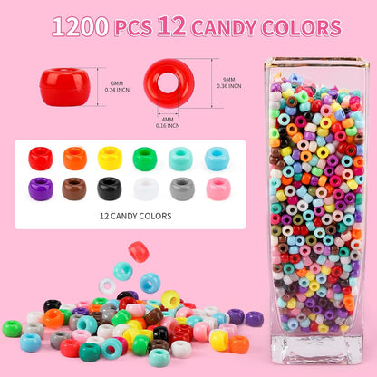 1000+pcs Glitter Pony Beads Bulk, Acrylic 9mm Large Plastic Bead for Bracelets Big Hole Hair Braids Crafts DIY Projects