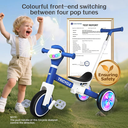 Tricycle for Toddlers 1-3 Year Olds, 5 in 1 Toddler Balance Bike 2-4 Years Old Boys Girls, Push Trike Toys with Adjustable Handle, Birthday Gifts for 2 3 4 5 Year Old Kids Bike (Blue)