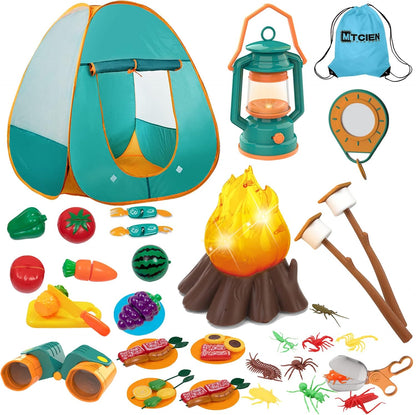 Mitcien Kids Camping Gear Set with Play Tent, Pretend Campfire, Fruits, Marshmallow, Camping Toys for Toddlers, Boys & Girls - Indoor & Outdoor Explore & Adventure