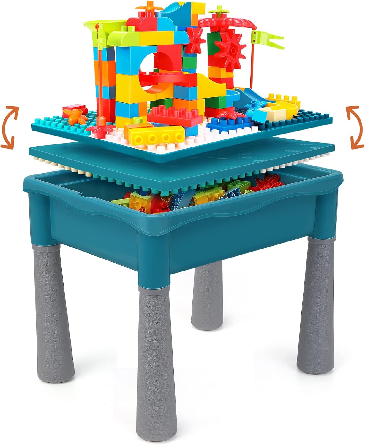 BEAURE 5-in-1 Multi Activity Sand Water Play Table, Double-Sided Kids Activity Table with Storage, 105pcs Marble Run Building Blocks Sensory Table for Kids Toddler Boys Girls